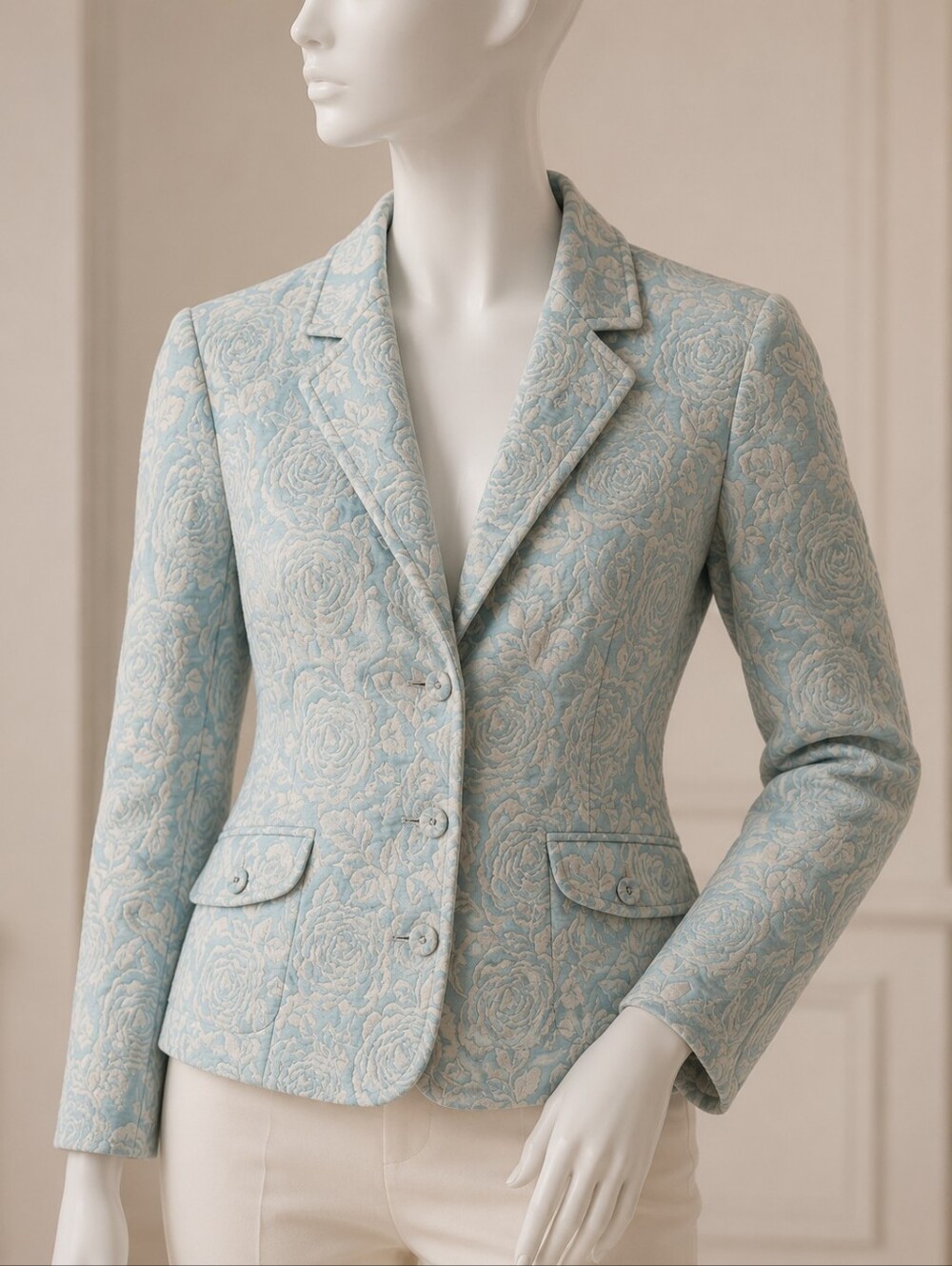 Vintage Villager Liz Claiborne Blue & White Floral Jacquard Blazer Size (14)